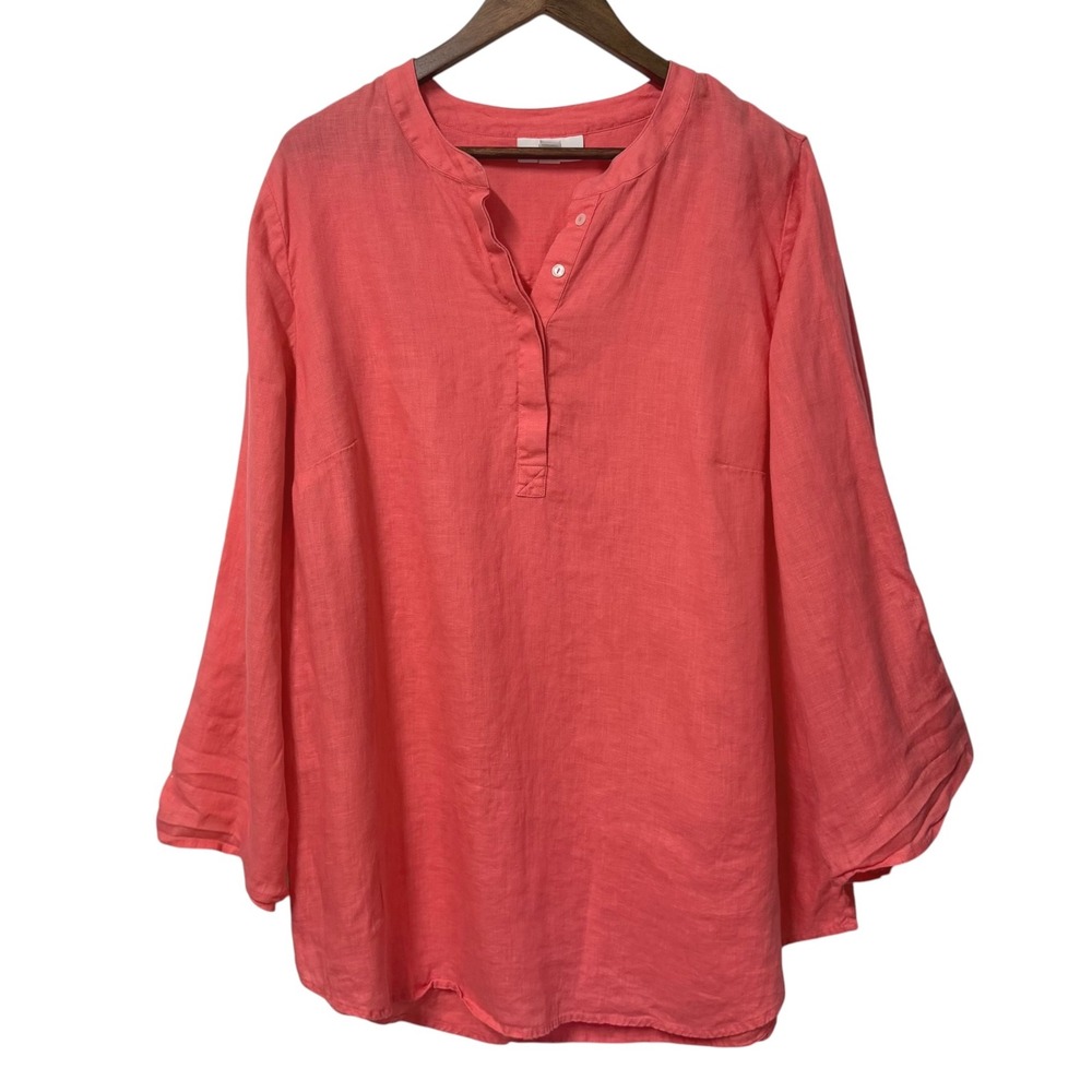 Charter Club Linen Tunic Top Women 2X Coral Tunic Roll Tab Sleeve Popover Coasta